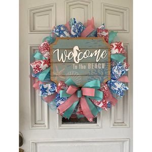 Welcome to the Beach Seahorse Deco Mesh Ribbon Wreath Door Hanger Home Decor